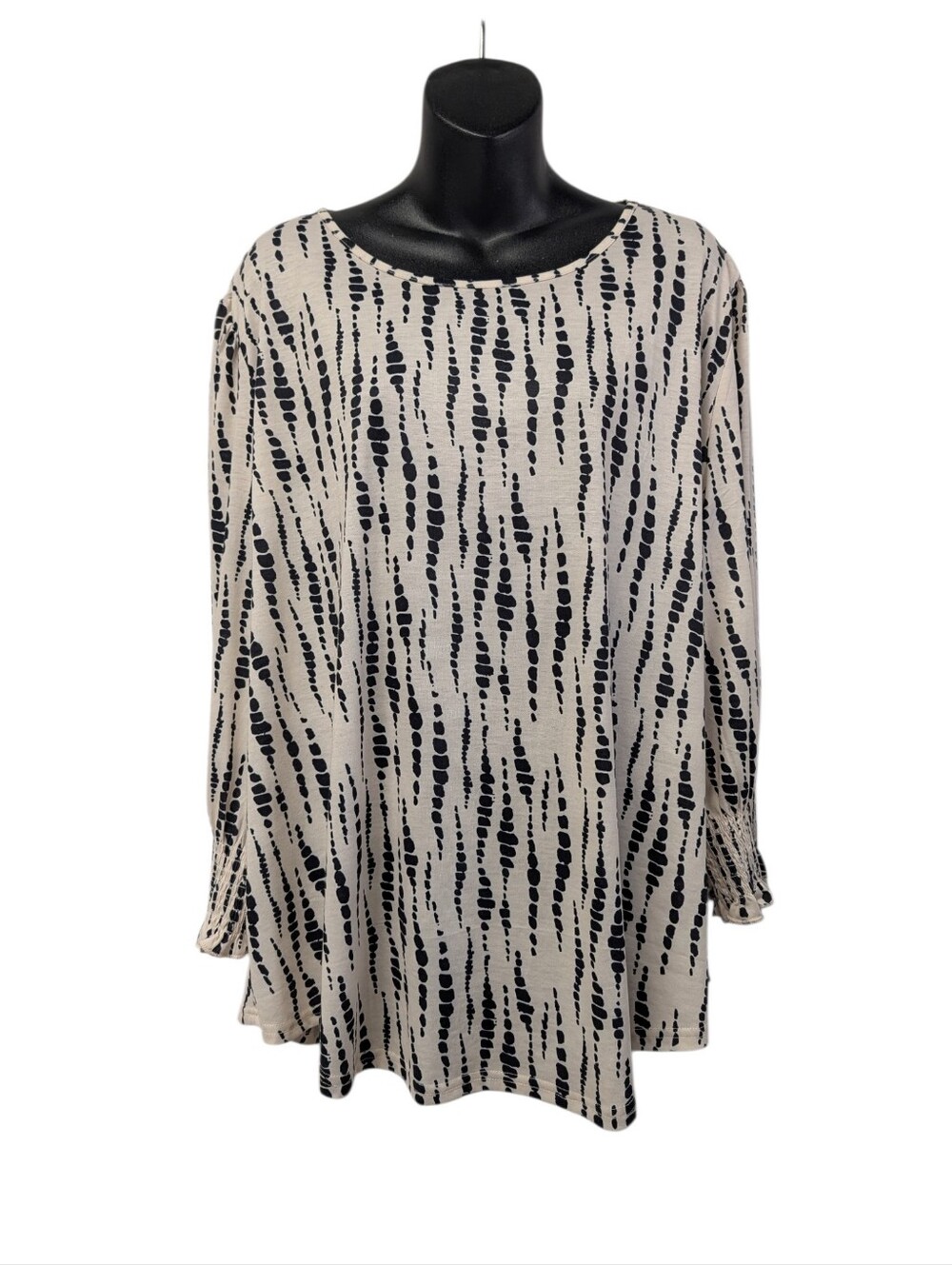 XIEERDUO Womens Plus 3X Beige Black Abstract Long Sleeve Tunic Blouse Pleat